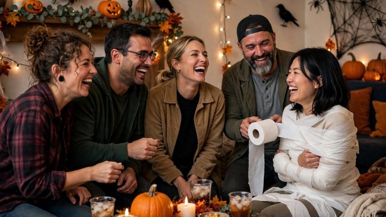 Group of adults laughing while playing a mummy wrap relay game at a Halloween party
