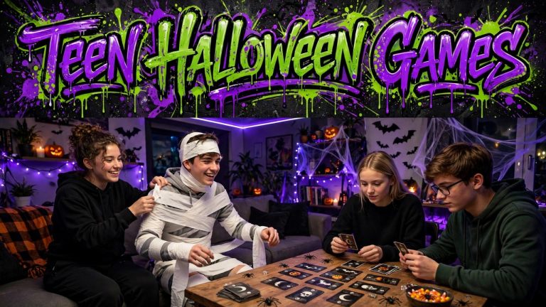 teens playing indoor Halloween party games in a candle-lit living room, laughing around a costume swap relay basket