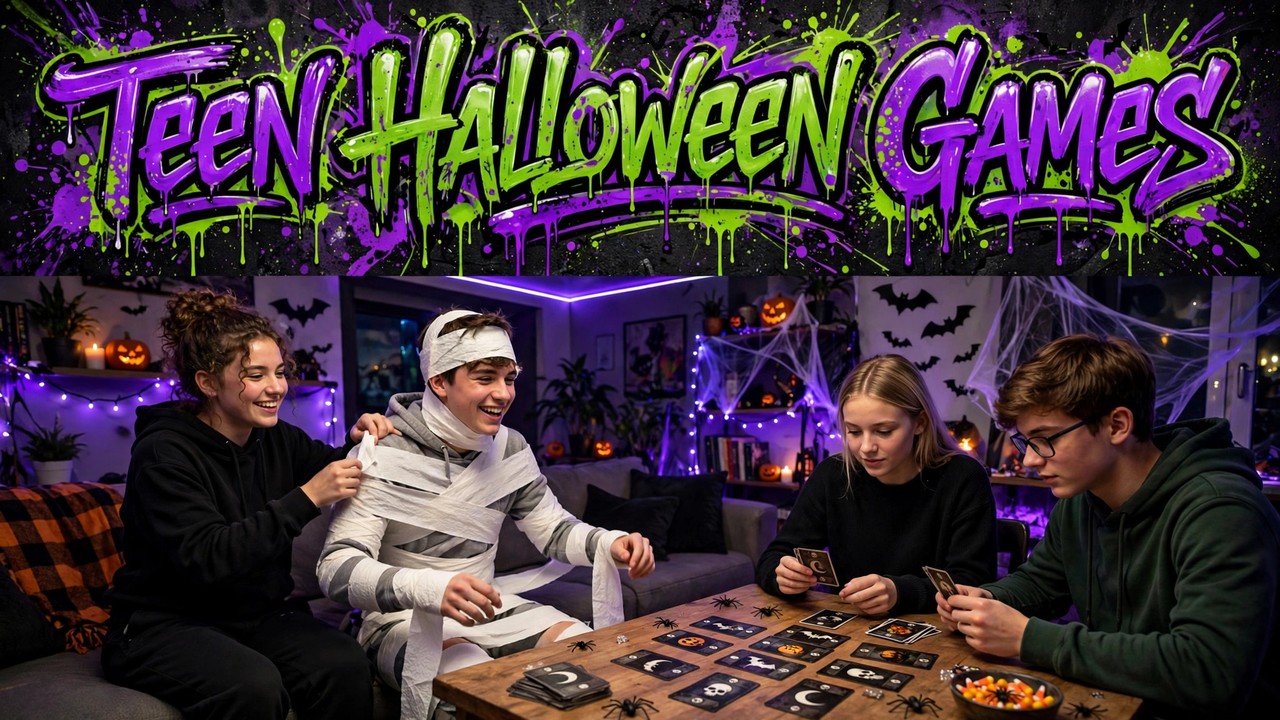 teens playing indoor Halloween party games in a candle-lit living room, laughing around a costume swap relay basket