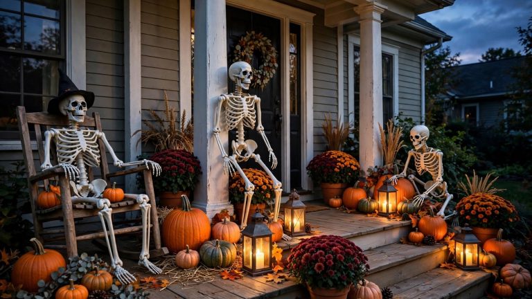 Front porch decorated with posable skeletons, glowing pumpkins, and lanterns at dusk