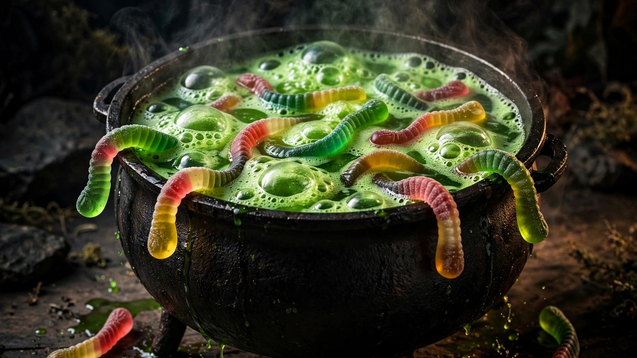 Bubbling green witches brew punch in a black cauldron bowl with gummy worms under dramatic lighting