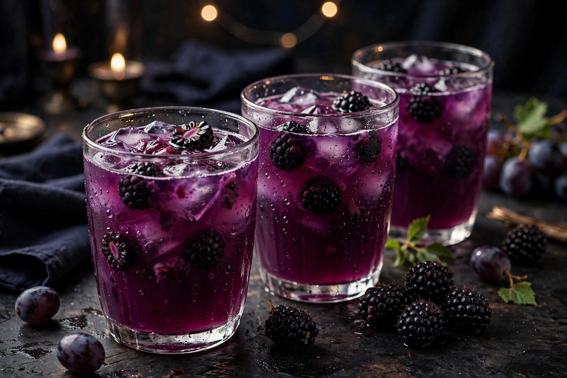 Purple potion punch with blackberries in clear glasses on a dark party table