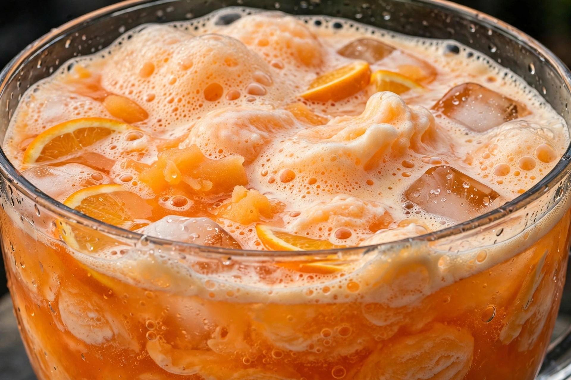 Orange sherbet punch with thick foam in a clear punch bowl, close-up