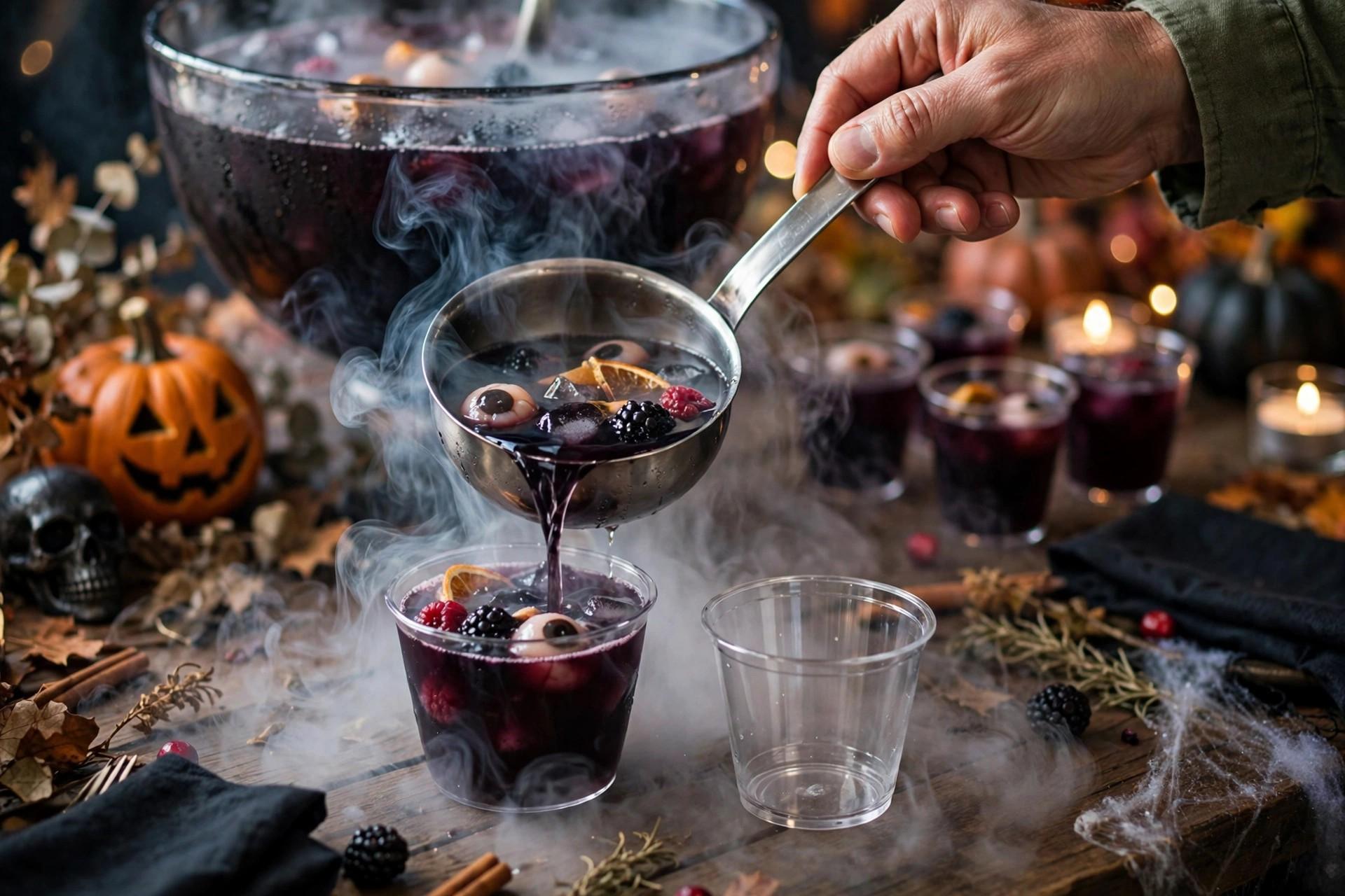Hand ladling spooky punch into small cups at a Halloween party table