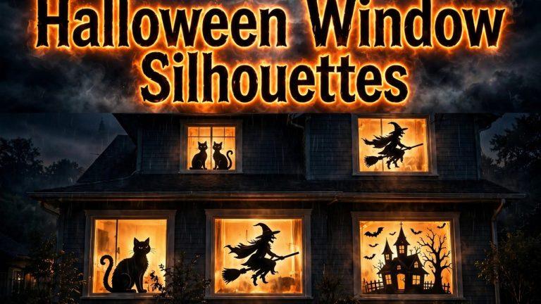 Backlit Halloween window silhouette of a haunted house and bats glowing in a dark apartment window at night