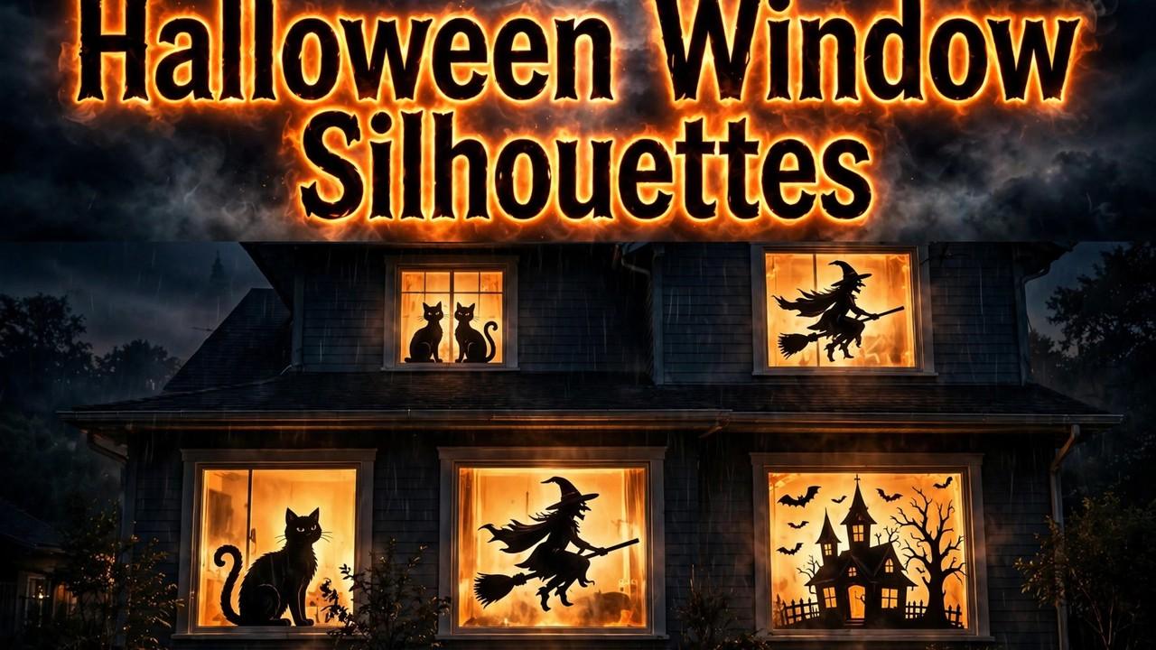 Backlit Halloween window silhouette of a haunted house and bats glowing in a dark apartment window at night