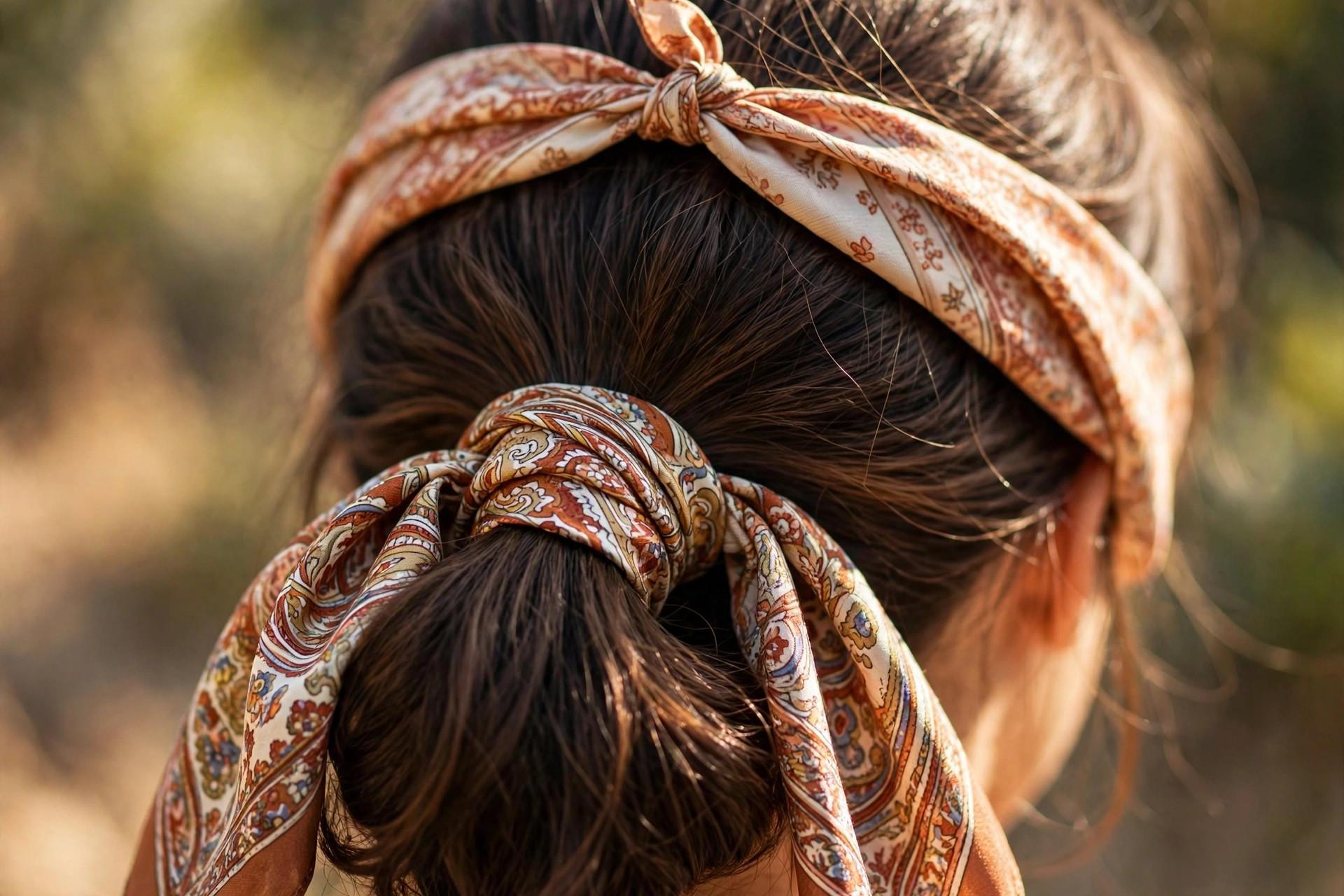 Woman with a silk scarf wrapped around a low ponytail and a folded scarf headband hairstyle