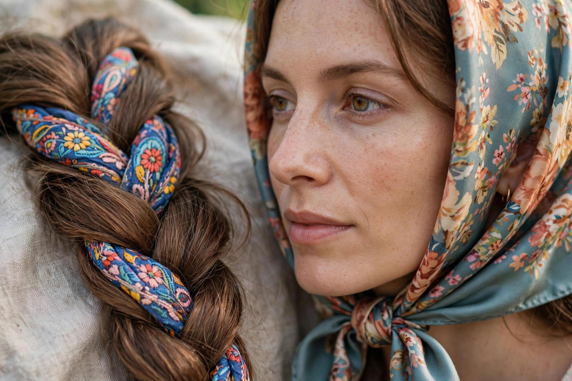 Close-up of a three-strand braid woven with a patterned skinny scarf and a triangle headscarf tied under the chin