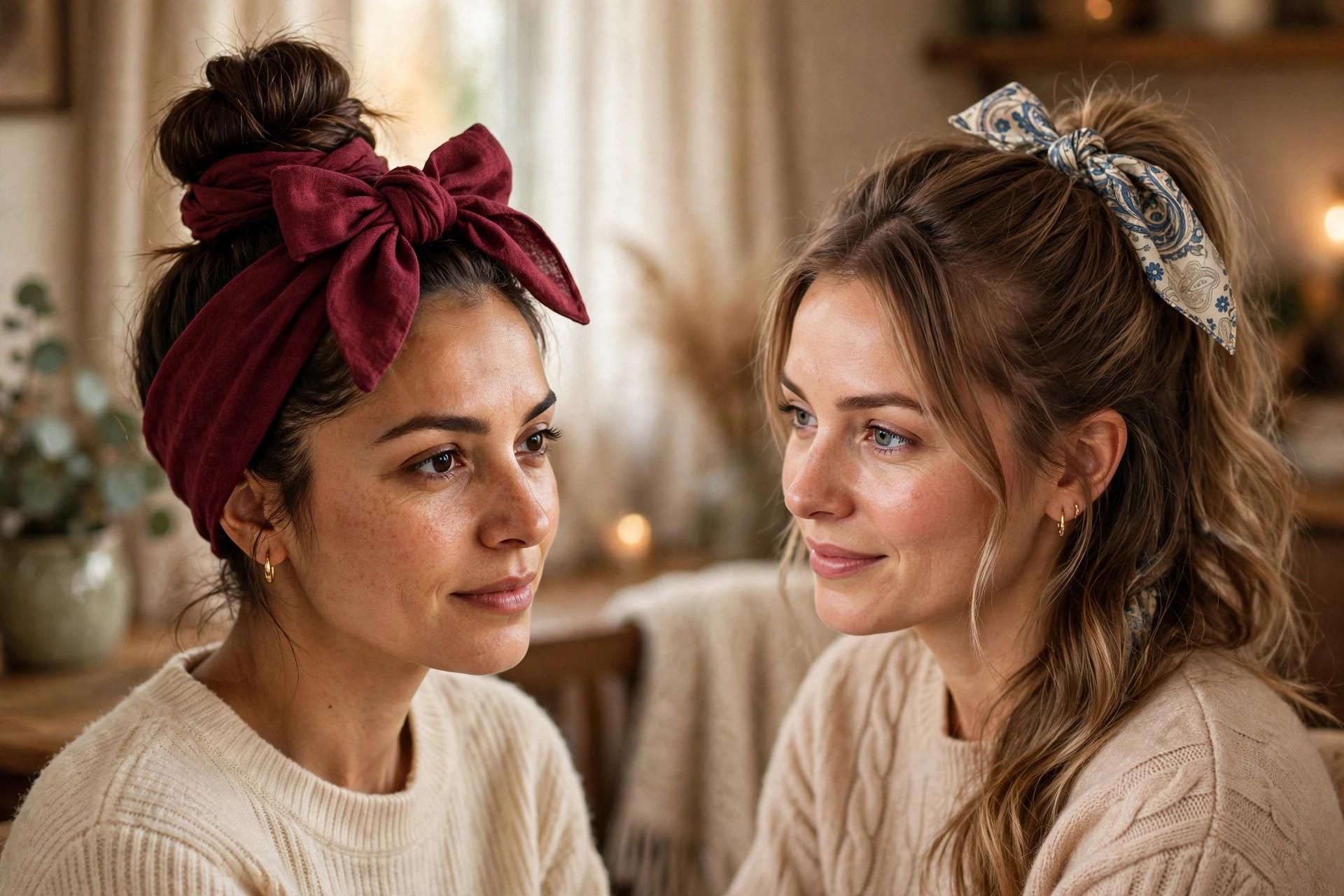 High top knot bun wrapped with a burgundy scarf bow and half-up hairstyle tied with a patterned scarf bow
