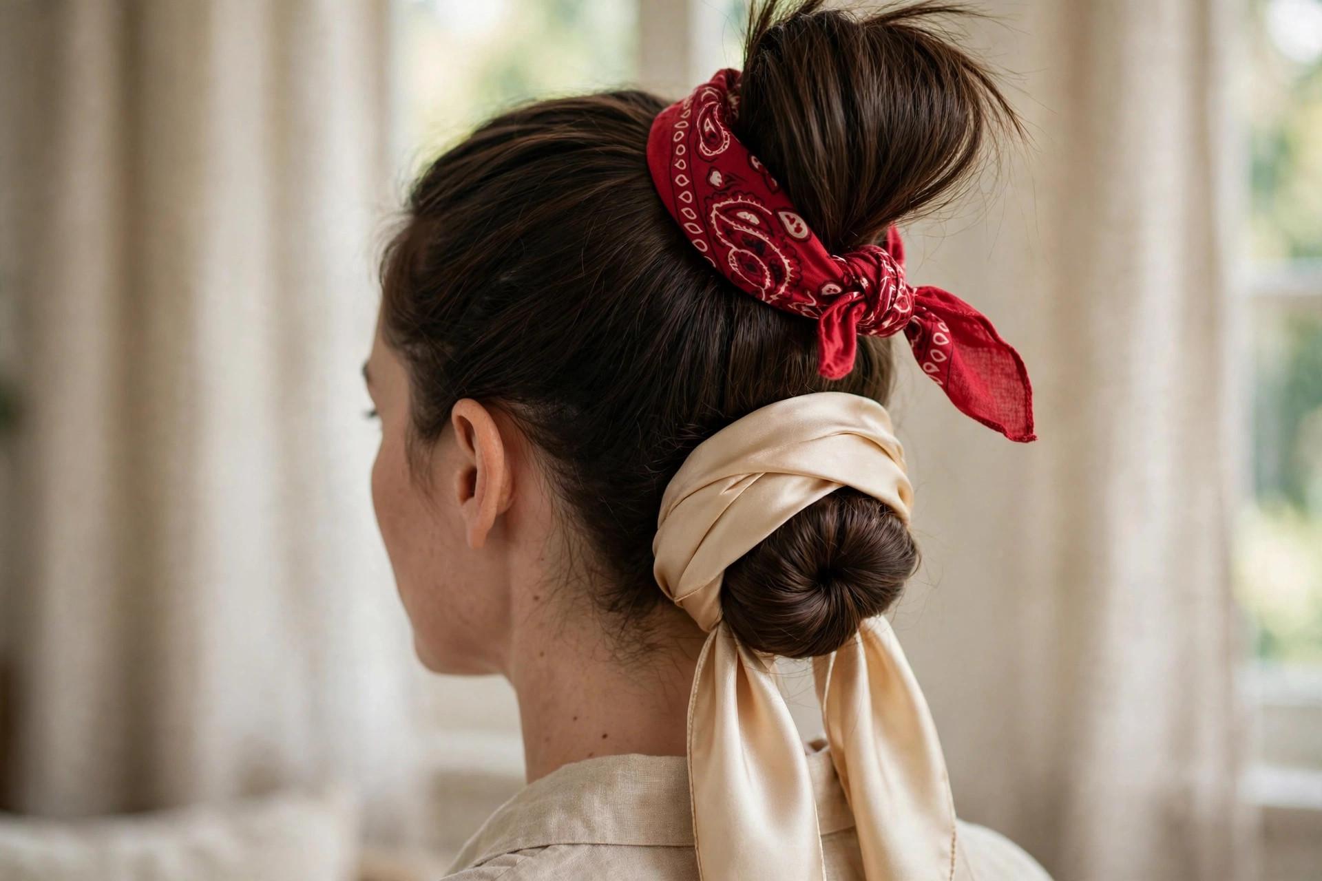 Cotton bandana tied around a high ponytail and an elegant low bun wrapped with a long silk scarf
