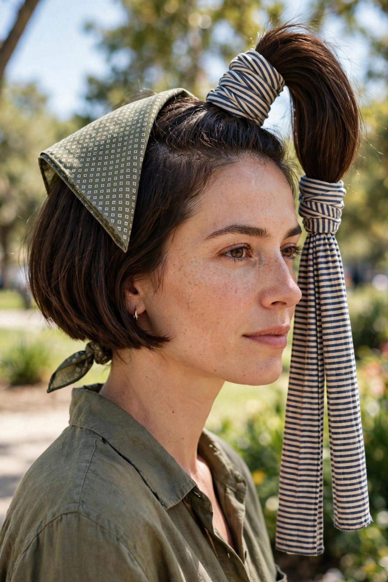 Triangle kerchief tied on short bob hairstyle and high ponytail wrapped with a long striped skinny scarf