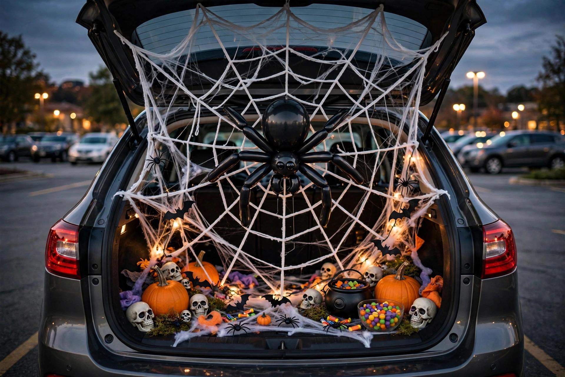Spider web trunk with yarn strung from hatch and balloon spider hanging in the center