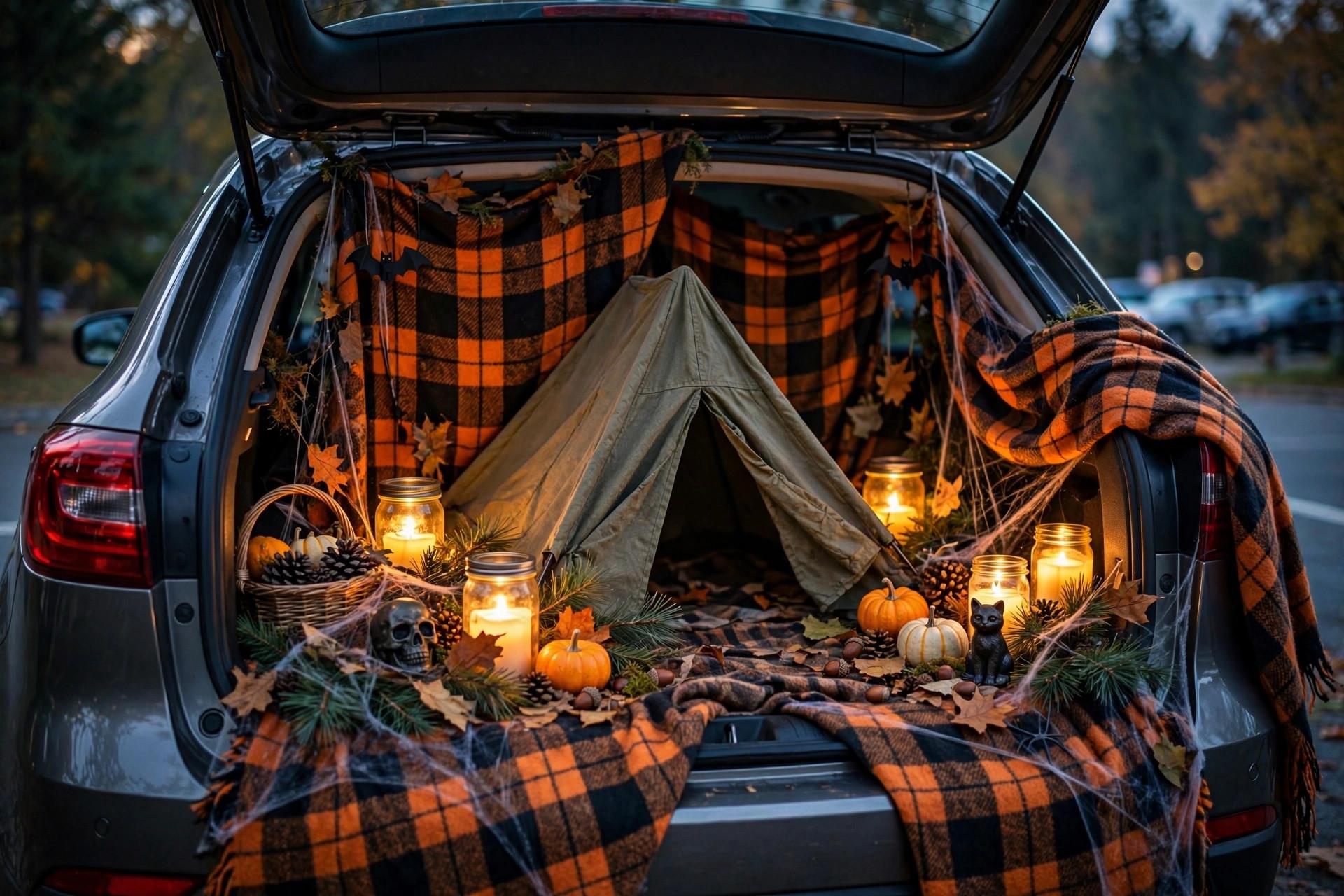 Drive-in movie theater trunk with cardboard marquee sign and popcorn bags