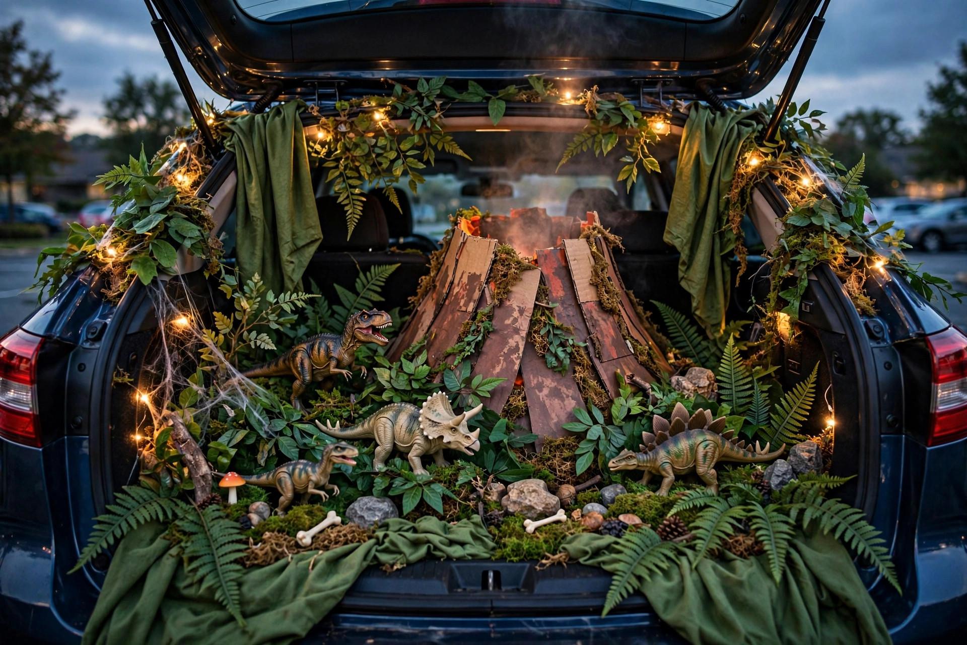 Jurassic Trunk With Green Blankets and Toy Dinosaurs