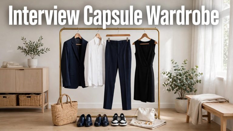 Nine-piece job interview capsule wardrobe laid out on a bed: blazer, trousers, shirts, shoes