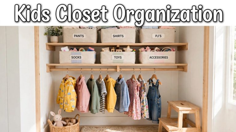 Small kids closet with low hanging rod, colorful clothes in rainbow order, clear labeled bins, and a day-of-week outfit cubby