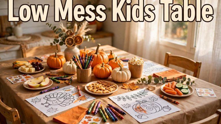 Featured (1280×720): Kids coloring hand-trace turkeys on a kraft paper table cover at a Thanksgiving kids' table
