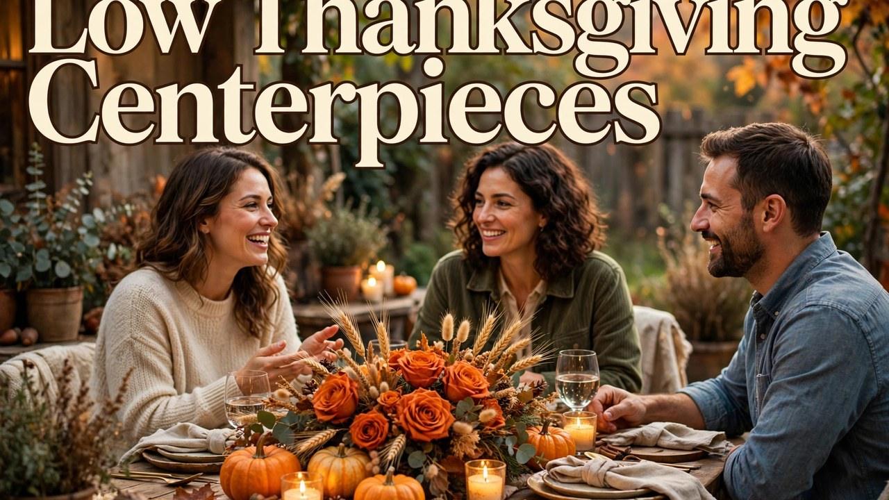 Featured (1280×720): Low Thanksgiving centerpiece of mini pumpkins and LED candles on a small round table with open sight lines