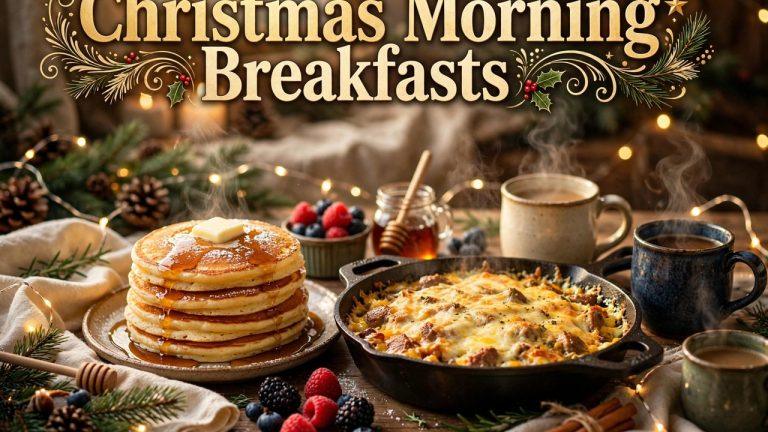 Overnight Christmas breakfast casserole and cinnamon rolls on a festive holiday table