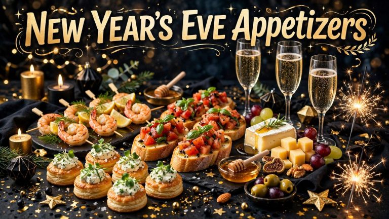 New Year's Eve appetizer spread with dips, skewers, and baked brie for a small party