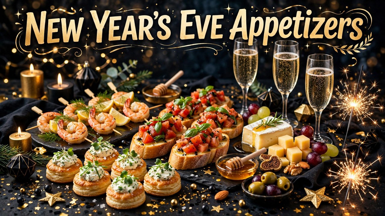 New Year's Eve appetizer spread with dips, skewers, and baked brie for a small party