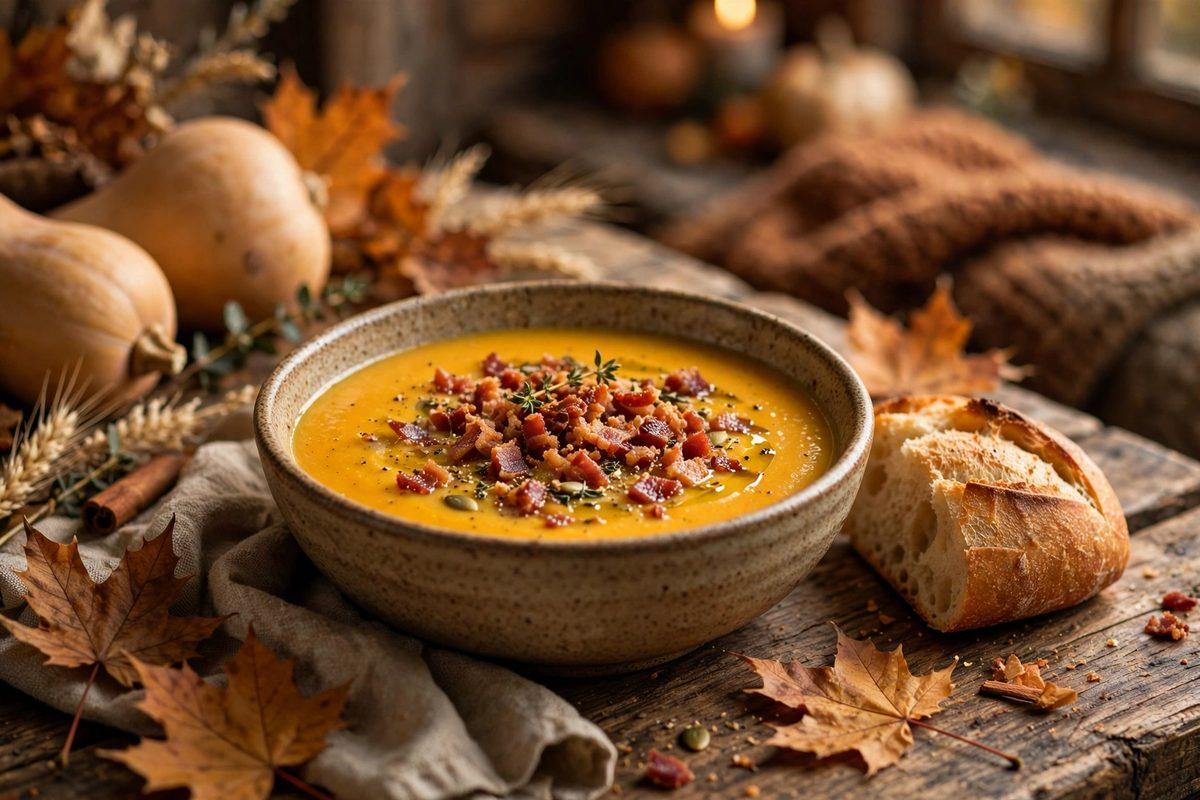 Rustic bowl of butternut squash soup with bacon crumbles and crusty bread on a wooden table
