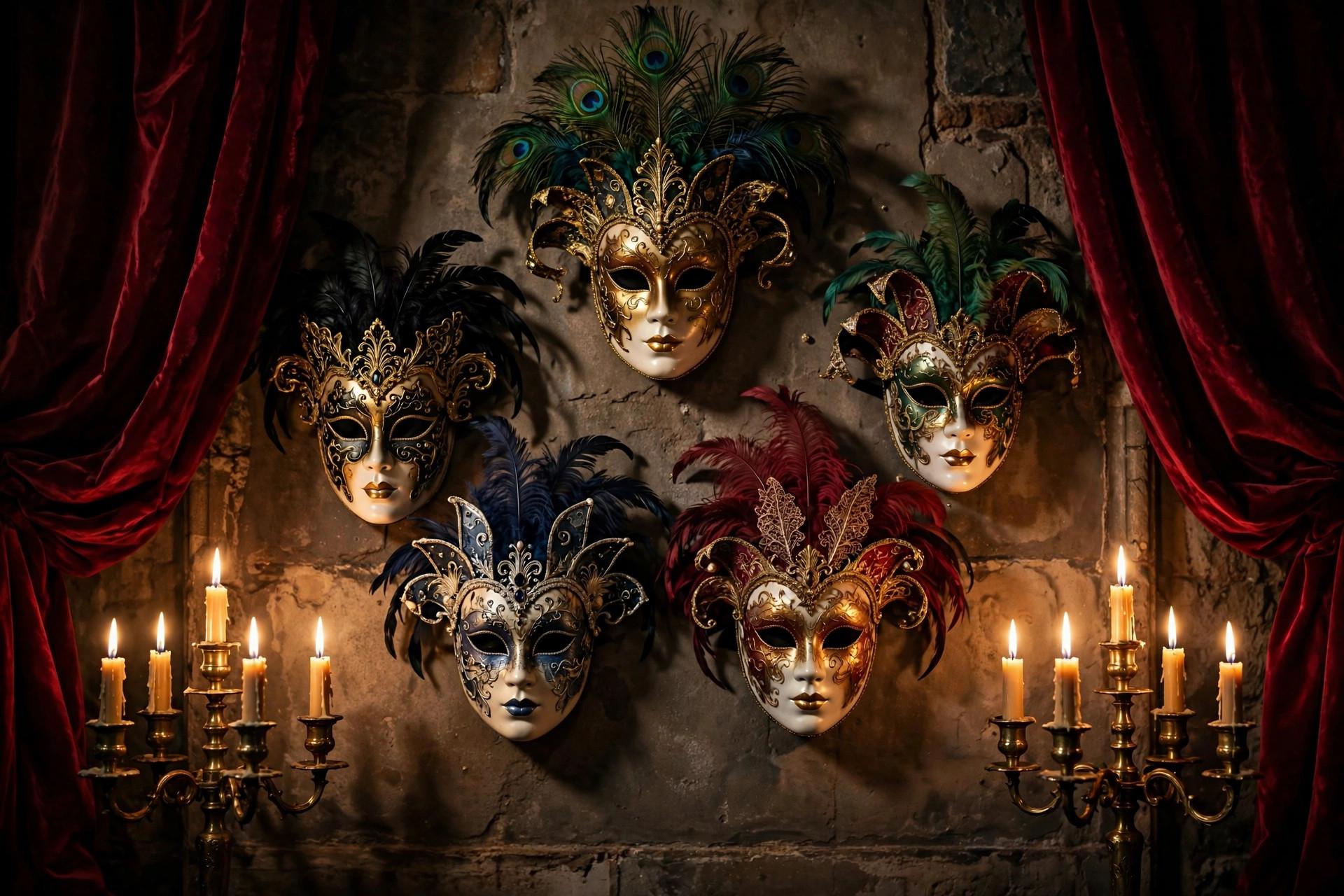 Elegant masquerade ball decor with ornate masks, candles and velvet drapes in warm light