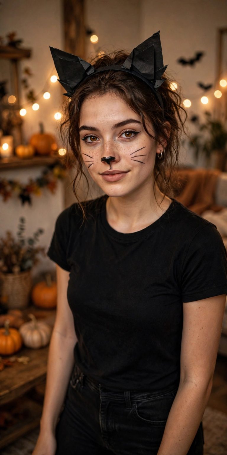 Woman in black cat Halloween costume with whisker makeup