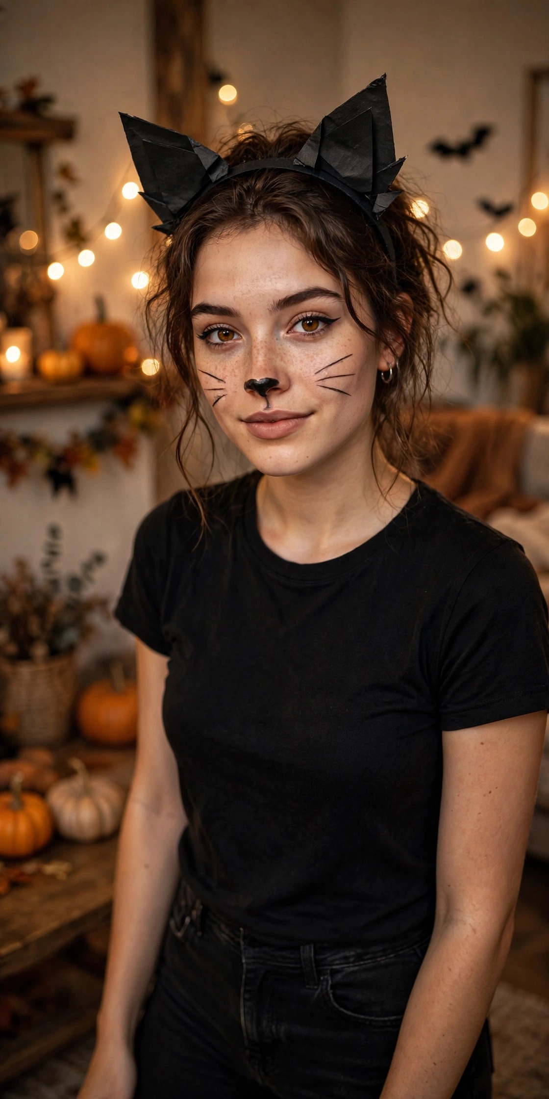 Woman in black cat Halloween costume with whisker makeup