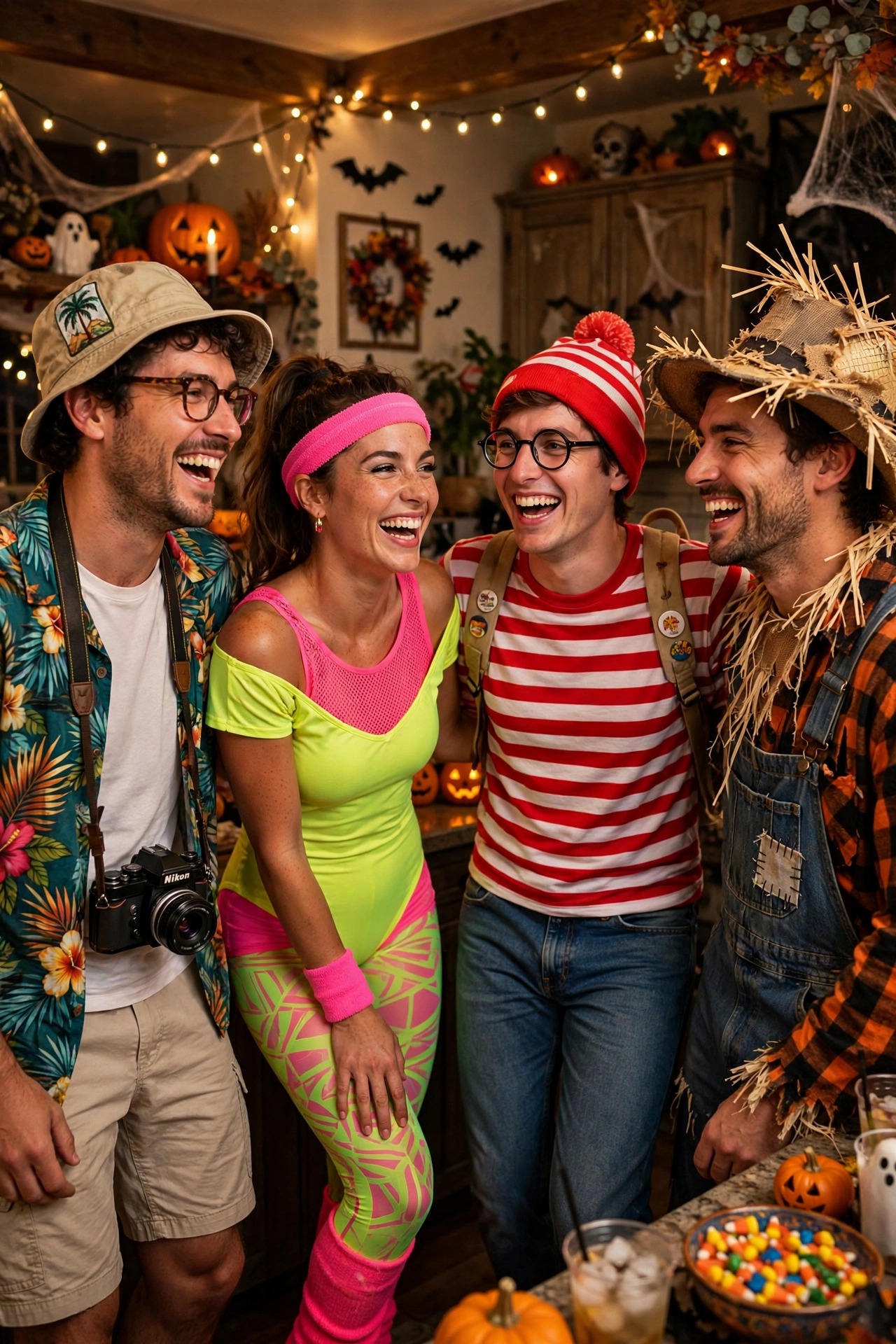 Group of friends in DIY crayon Halloween costumes