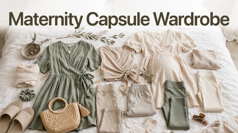 Minimalist maternity capsule wardrobe laid out: leggings, wrap dress, cardigan, boots