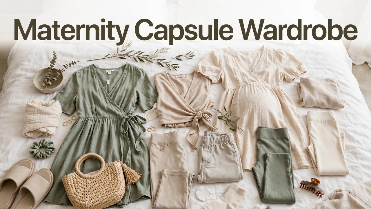 Minimalist maternity capsule wardrobe laid out: leggings, wrap dress, cardigan, boots