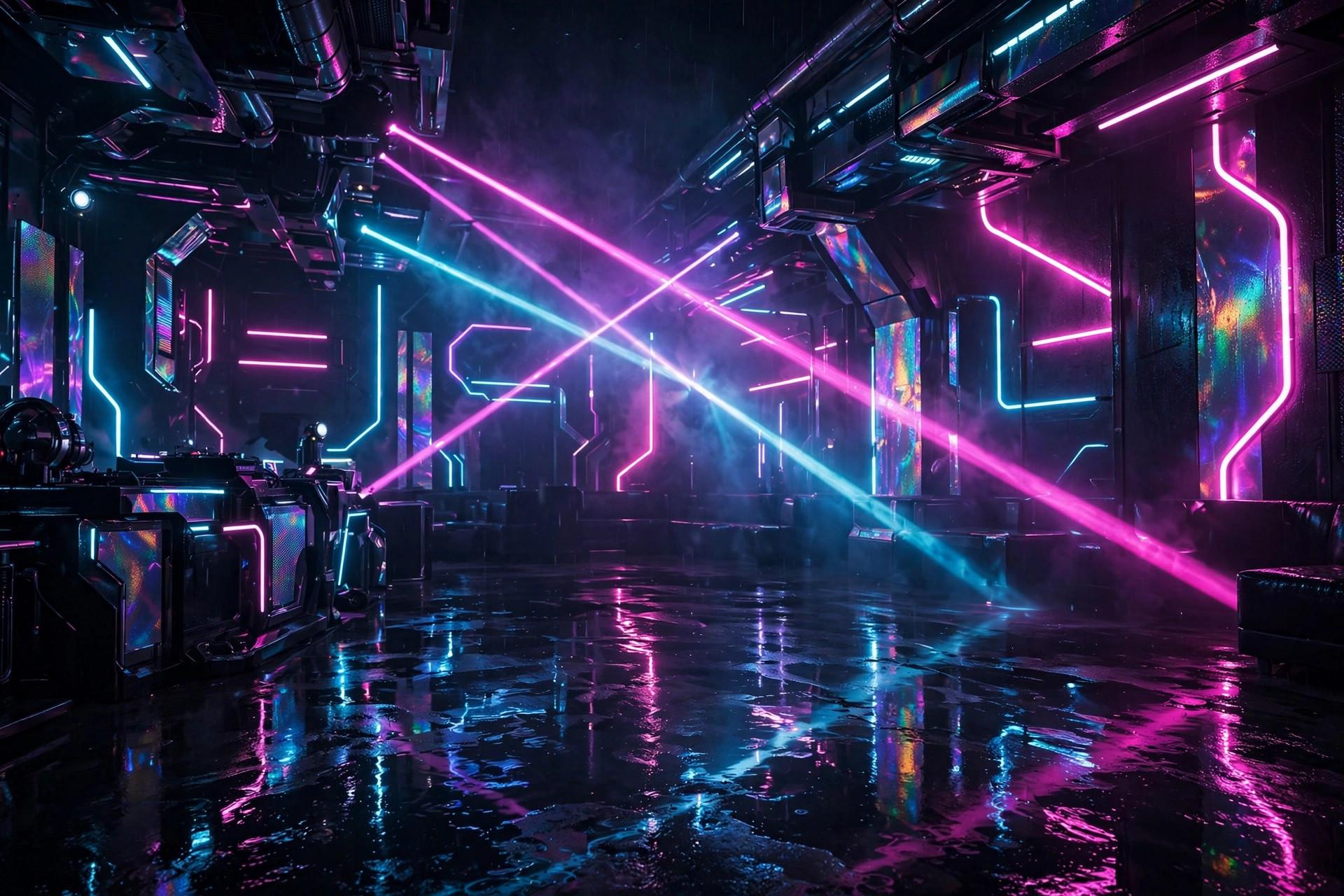 Neon-lit cyberpunk club interior with magenta and cyan laser lights over a dance floor