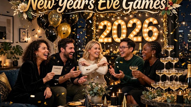 Adults playing party games at a New Year's Eve house party with champagne