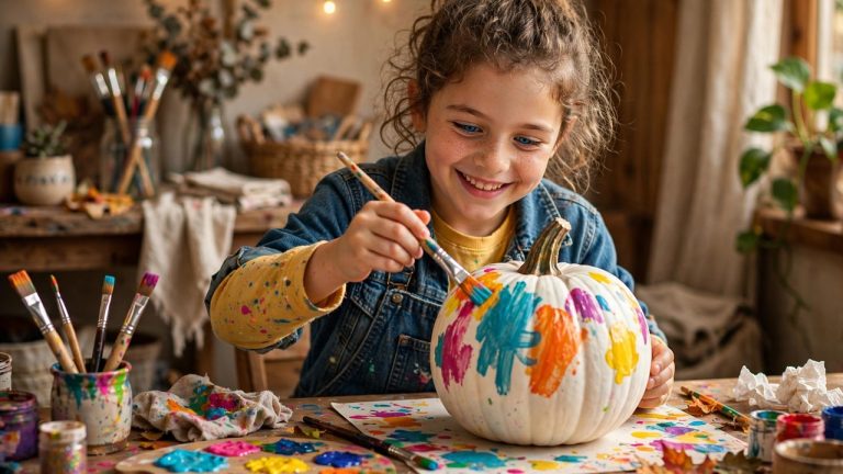 Child painting a white pumpkin with bright colors at a craft table in warm indoor light