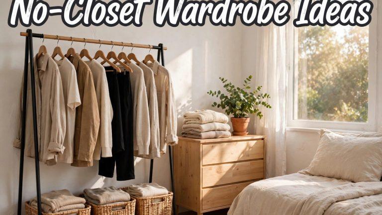 Small rental bedroom with no closet using a garment rack and armoire as wardrobe