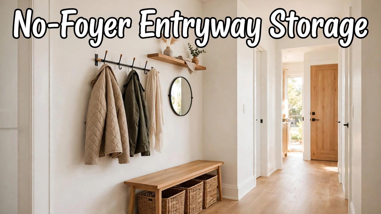 Front door opening directly into a living room with a slim wall-mounted hook rail holding coats and a boot tray below