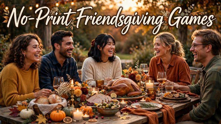 Friends laughing around a candlelit Friendsgiving dinner table playing no-supply party games