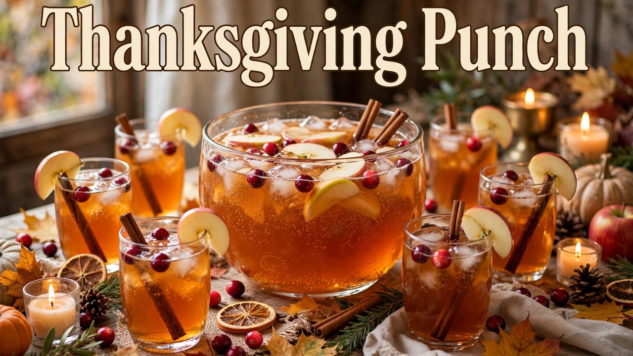 Glass punch bowl of ruby-red non-alcoholic Thanksgiving punch with orange wheels and cranberries, ladle beside it
