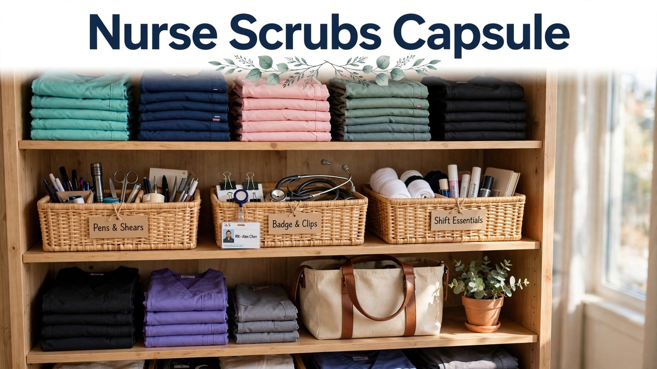Four scrub sets in two colors laid out as a nurse capsule wardrobe rotation