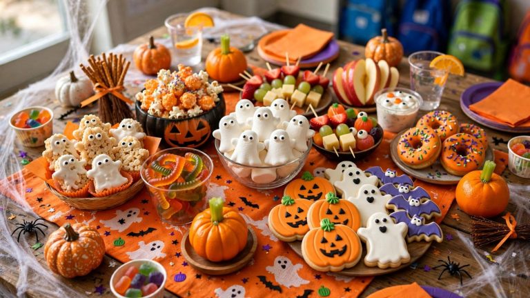 Festive table of nut-free Halloween treats for a school party, colorful and kid-friendly