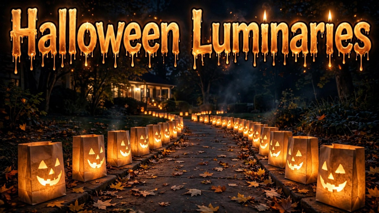 Row of glowing paper-bag Halloween luminaries with jack-o'-lantern cutouts lining a walkway at dusk