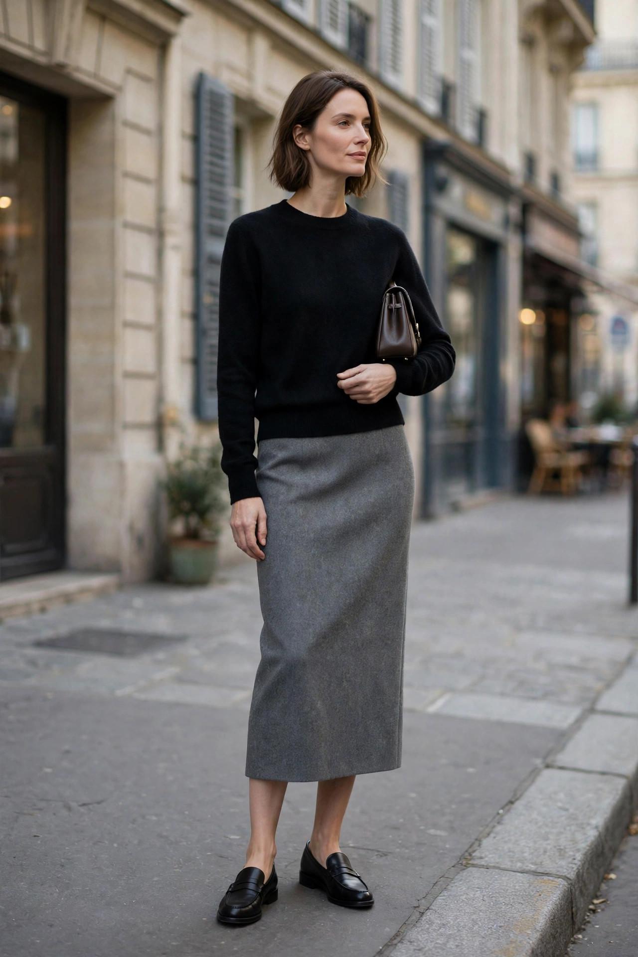 Woman in a black crewneck sweater and gray midi skirt with loafers on a Paris sidewalk