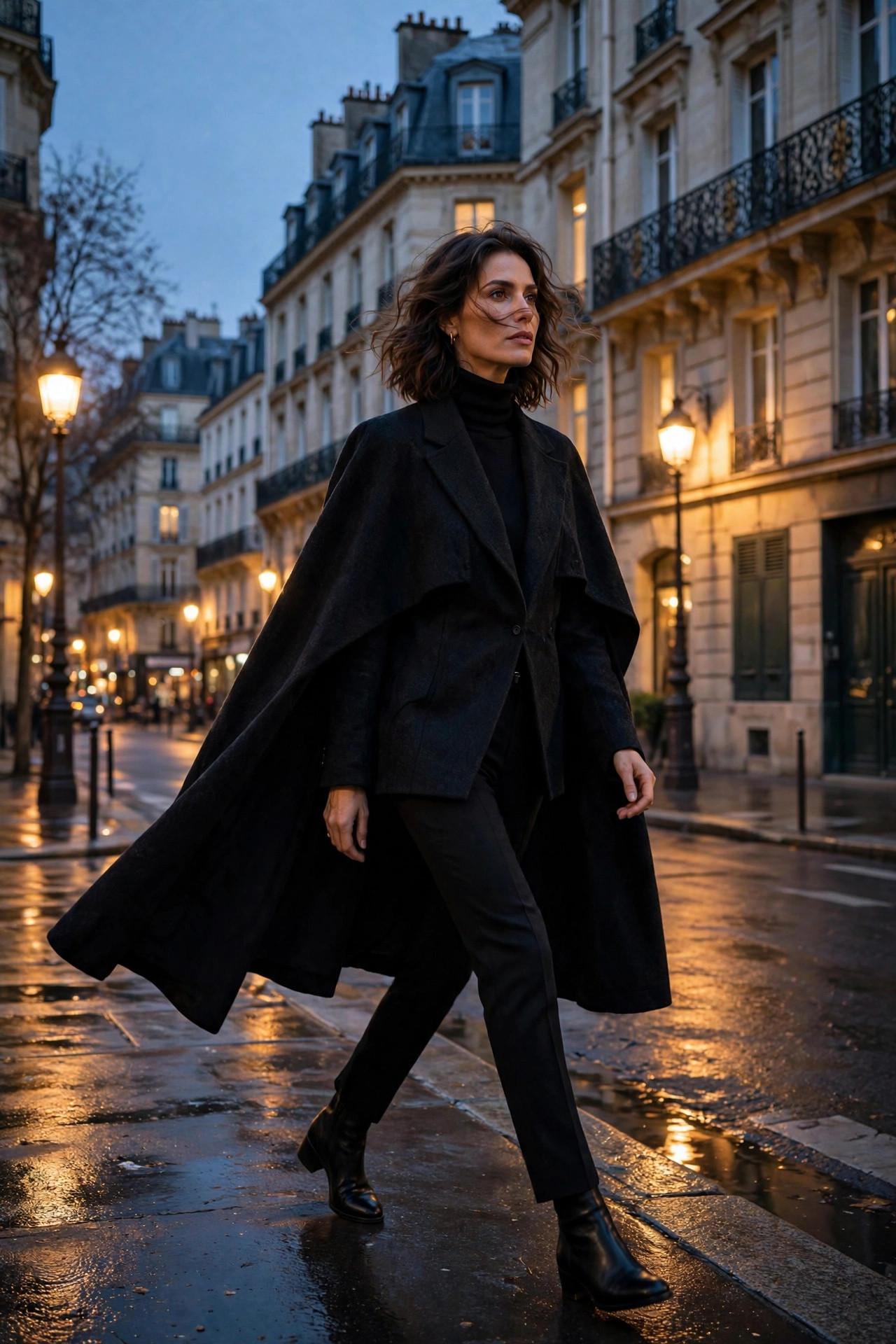 Woman wearing an elegant cape jacket over slim trousers on a Paris street in the evening