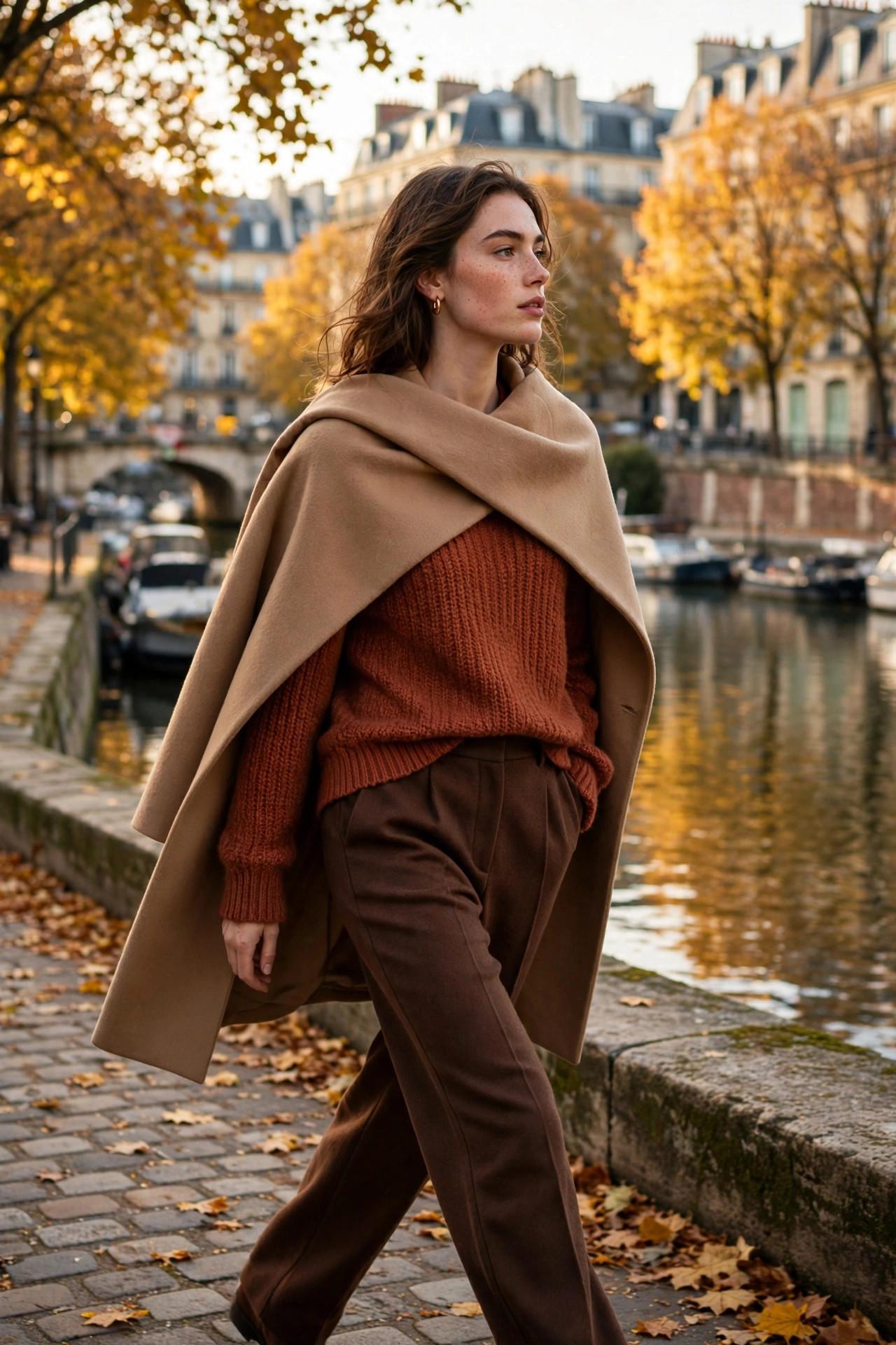 Woman in tonal earth-tone layered outfit with terracotta knit and camel coat in autumn Paris