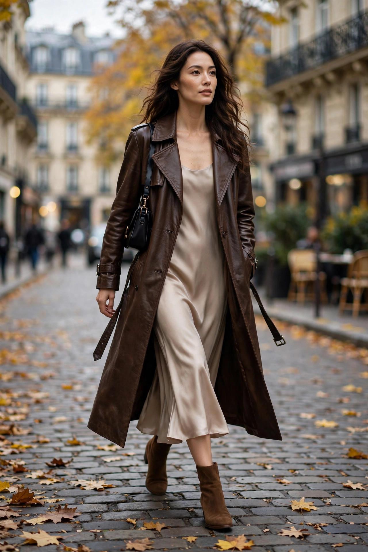 Woman in a long espresso leather trench coat over a soft midi dress on a Paris street in autumn