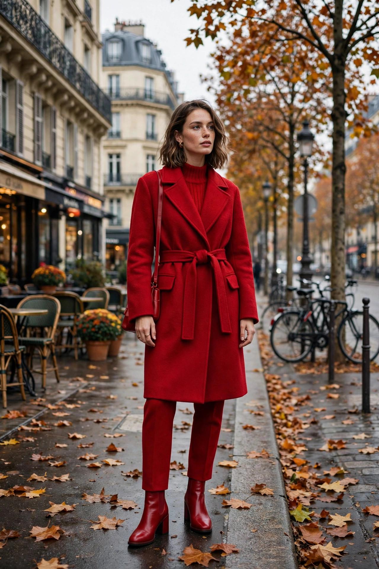 Woman wearing a head-to-toe red outfit with a wool coat on a Parisian boulevard in fall