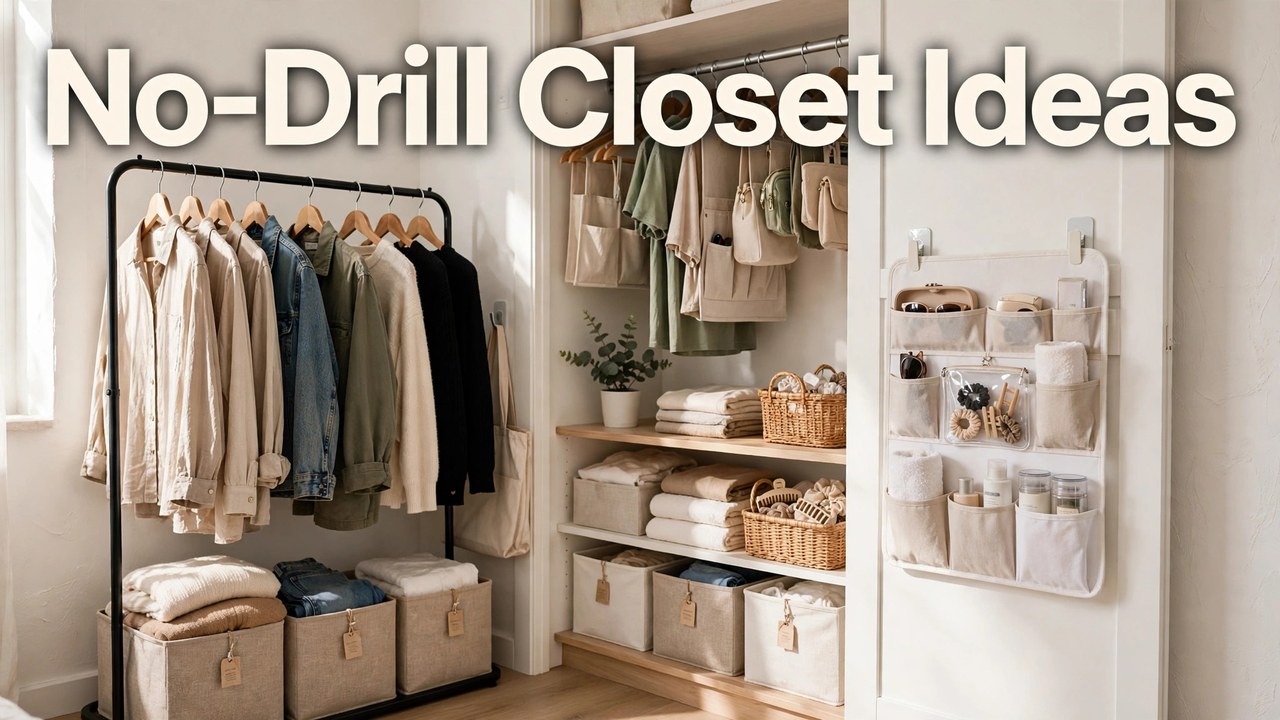 Rental closet organized without drilling: tension rod with double hanging, freestanding drawer unit, slim matching hangers, and floor bins