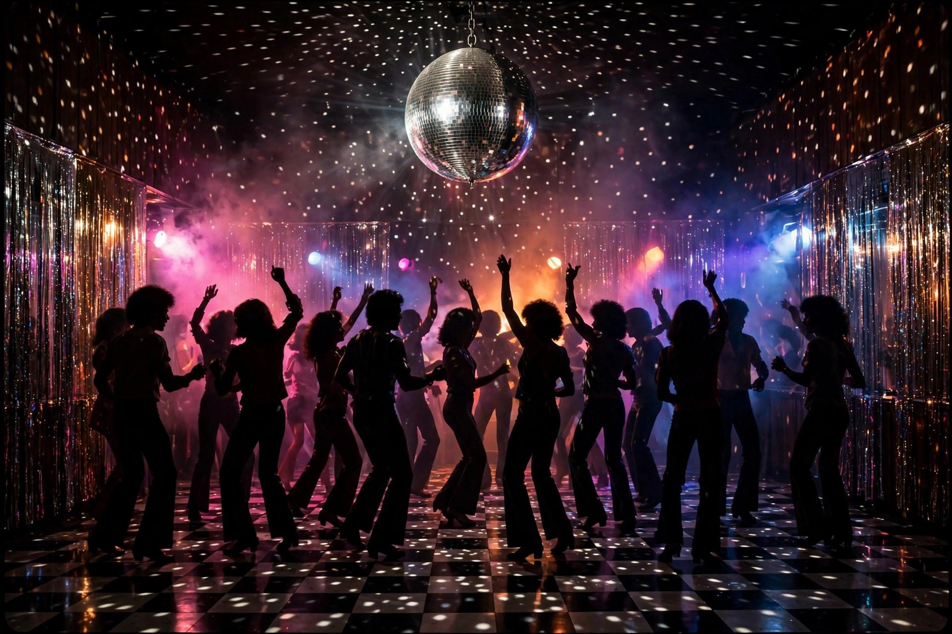 Retro 1970s disco dance floor with a mirror ball scattering light over dancing guests