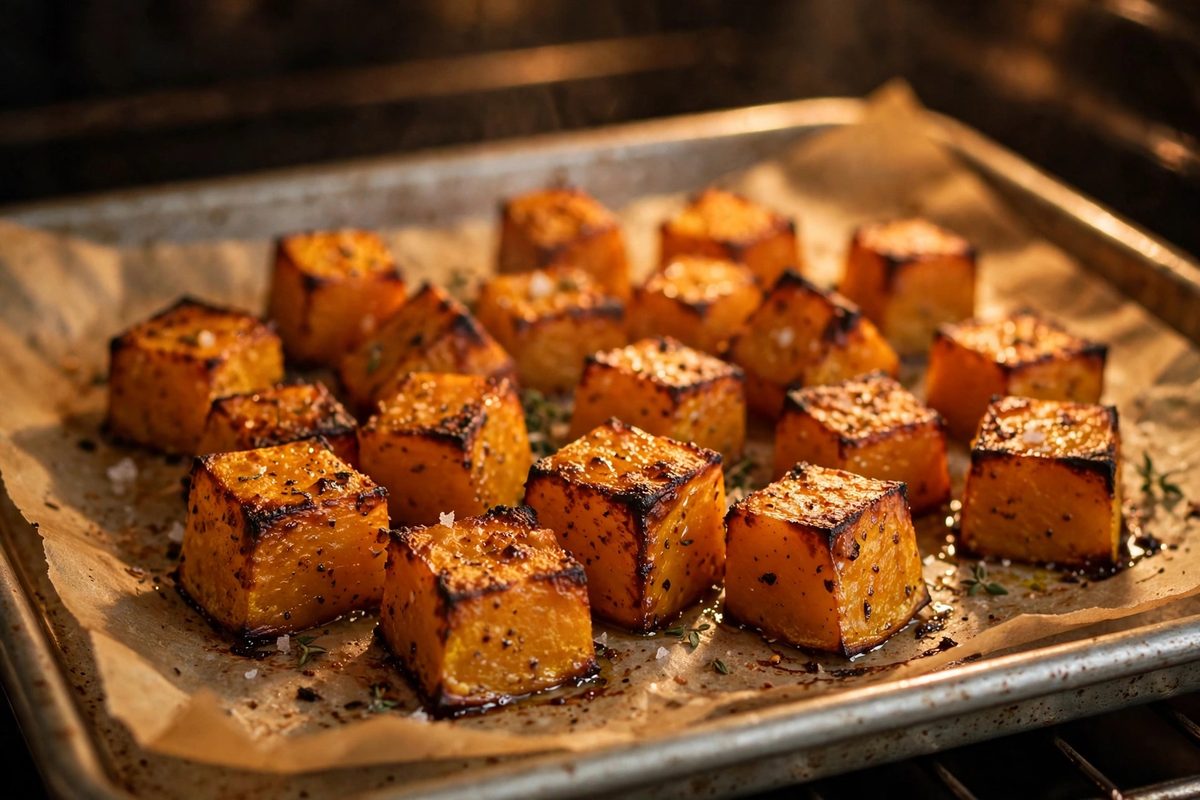 Caramelized roasted butternut squash cubes cooling on a parchment-lined sheet pan